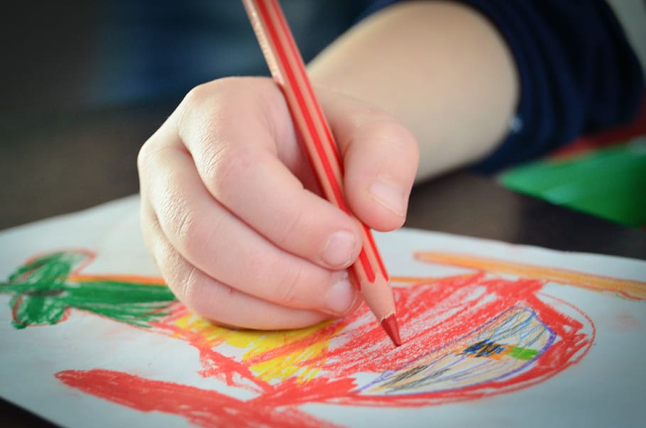 person, holding, red, colored, pencil, shallow, focus photography, drawing, child, figure