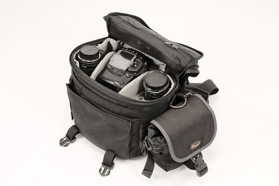 black, dslr camera, two, lenses, inside, Camera, Bag, Equipment, camera bag, camera equipment