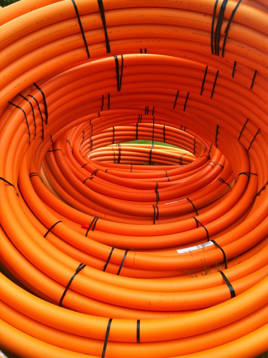 Orange, Pipes, Pipeline, Industrial, construction, drain, orange color, curve, red, concentric