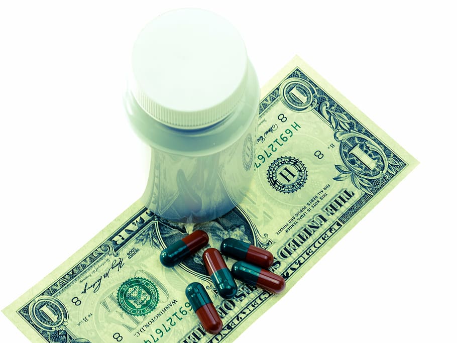 white, capsule bottle, 1 u.s, u.s., dollar banknote, cost, bless you, medical, money, health fund