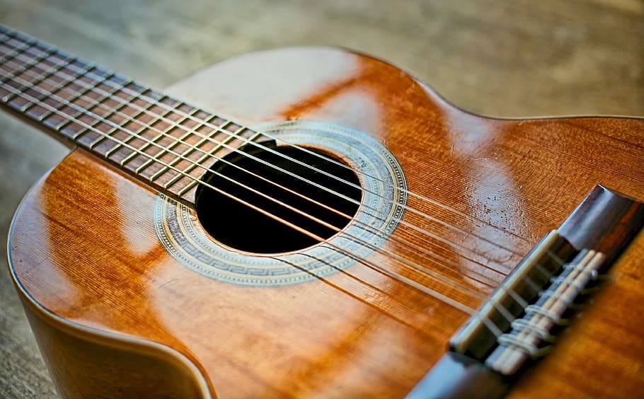 close-up photo, brown, guitar, strings, wood, music instrument, set, stringed instrument, band, play