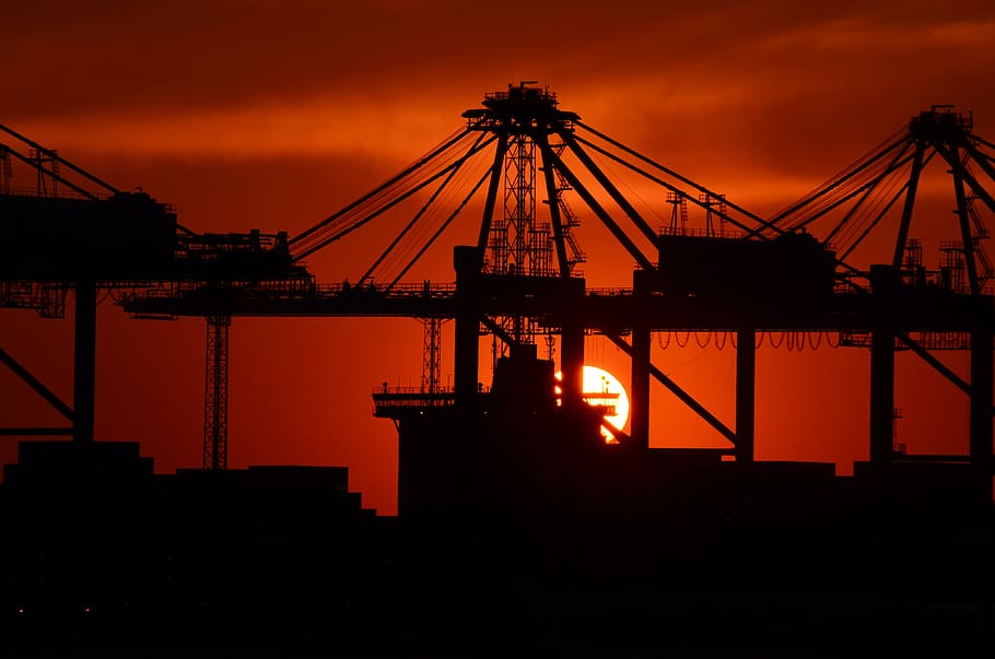 silhouette photo, bridge, industry, sunset, port facility, mood, sky color, container port, harbour cranes, water