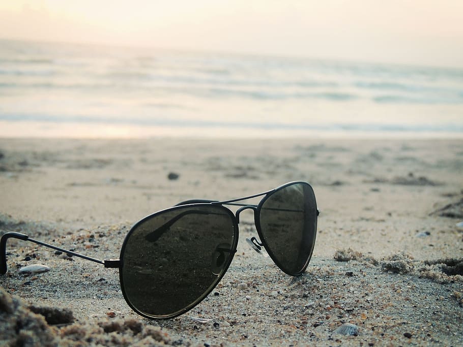 black, aviator sunglasses, gray, sand, sunglasses, beach, fashion, ocean, sea, nature