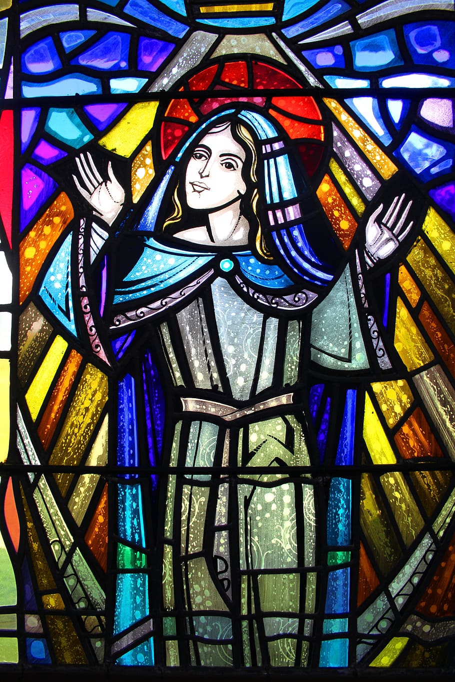 blue, red, yellow, religious, figure, stained, glass, stained glass, church window, colored glass