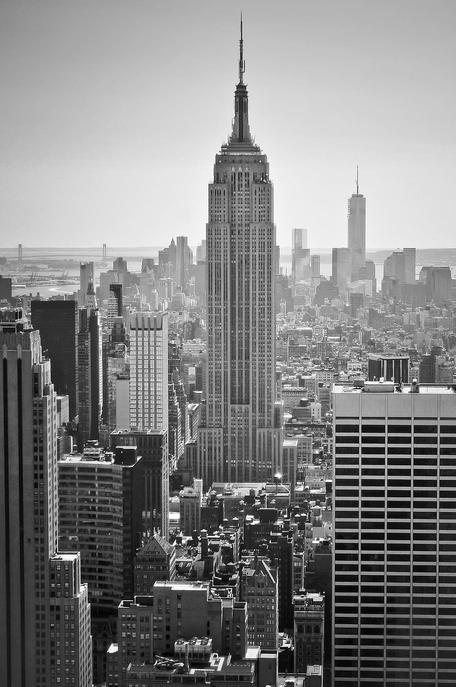 Nueva York, arquitectura, ciudad, rascacielos, Manhattan - Nueva York, Skyline urbano, paisaje urbano, Estados Unidos, Blanco y negro, Distrito central