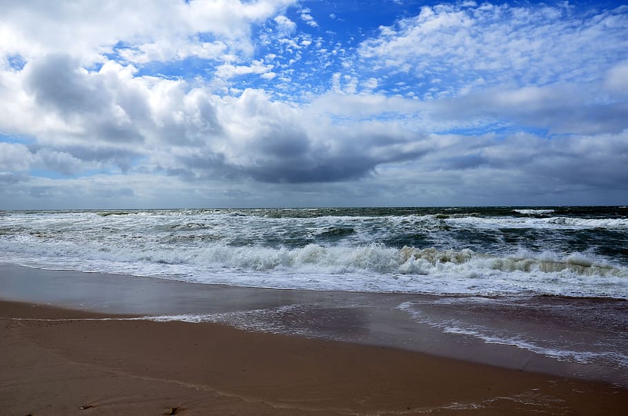 デンマーク, 北海, ビーチ, 空, 海, 劇的な空, 雲, 波, スプレー, 水