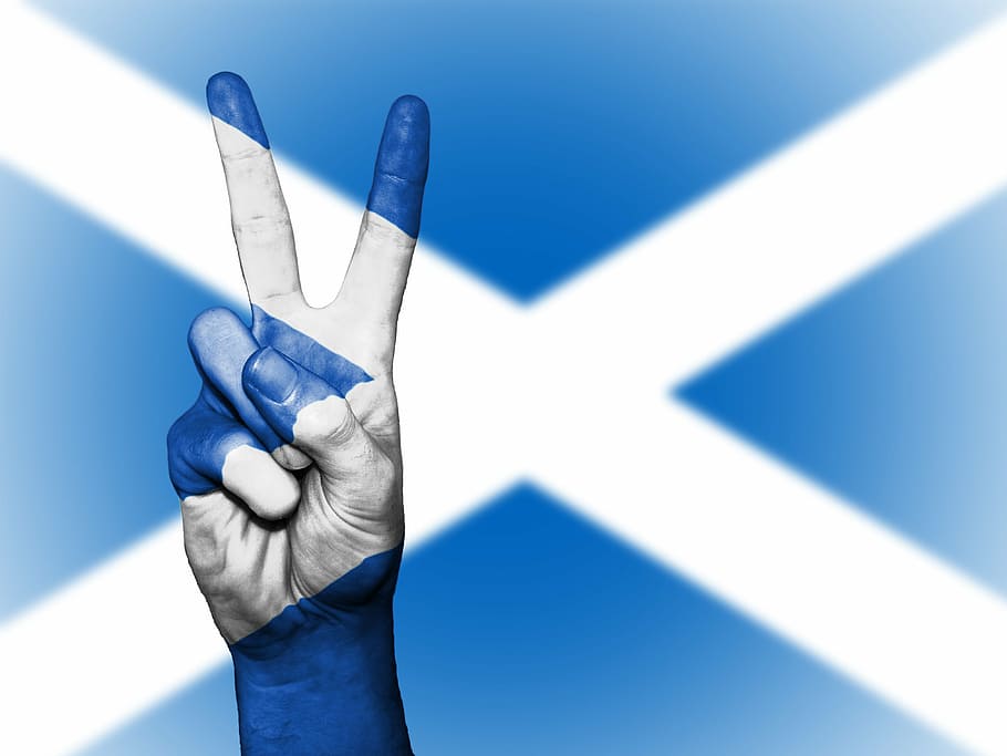 blue, white, flag, peace hand sign, scotland, uk, britain, peace, hand, nation