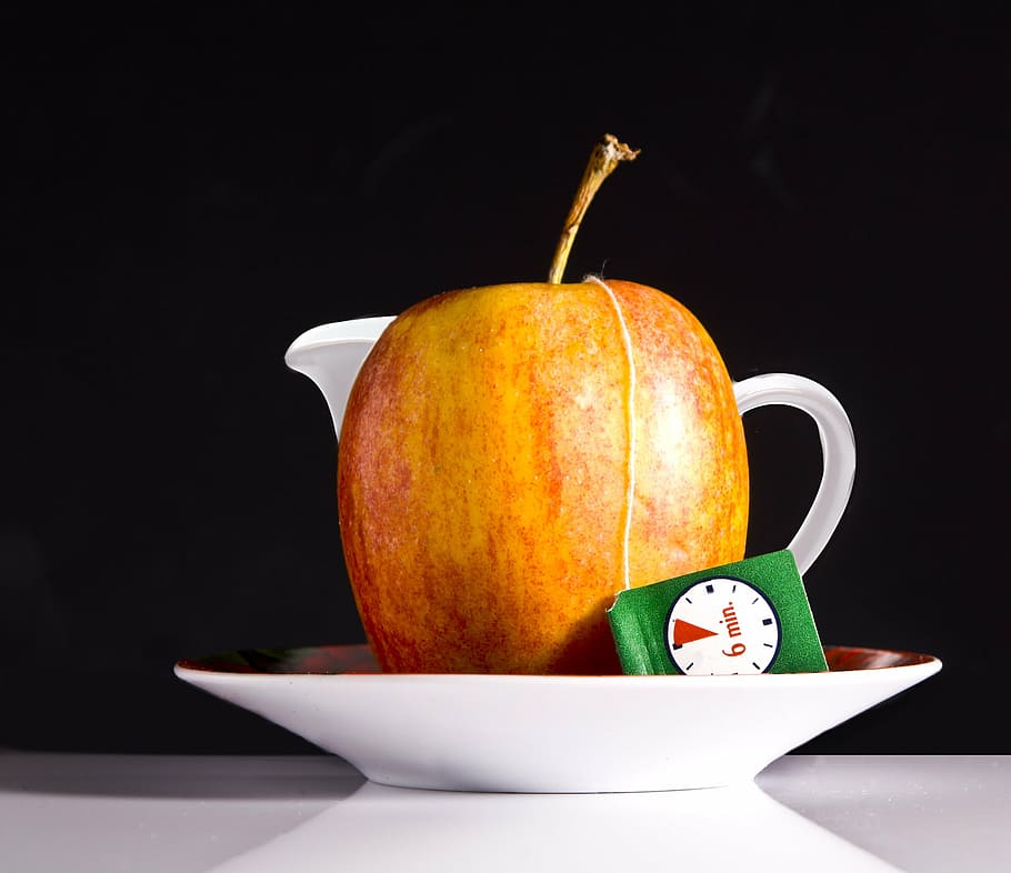 tee, apple, tea bags, have breakfast, healthy, stand up, morning, breakfast, cup, plate