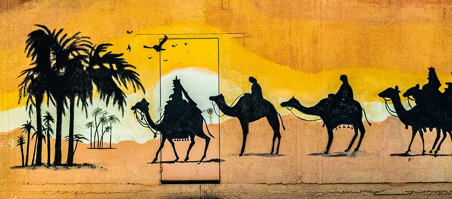 camels, desert, caravan, graffiti, wall, door, art and craft, wall - building feature, architecture, representation