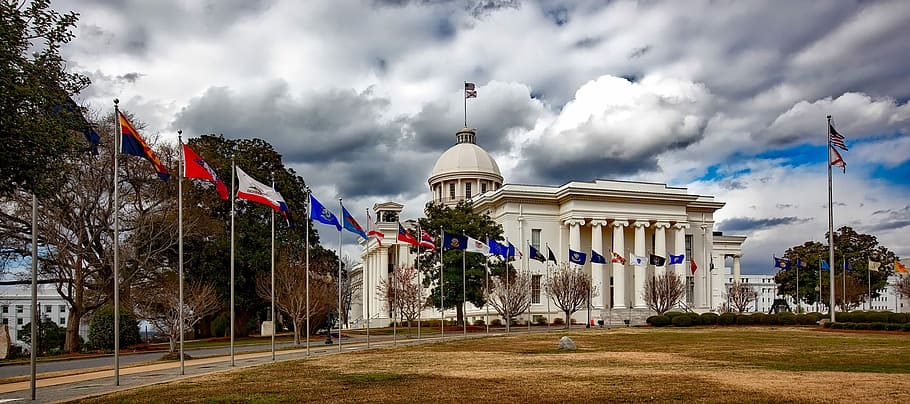 state capital, montgomery, alabama, Capital, Clouds, Montgomery, Alabama, architecture, buildings, flags, photos