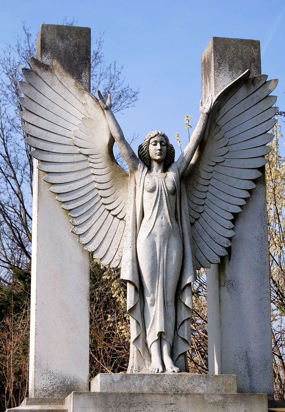 patung, malaikat, biru, langit, perempuan, ketetapan, sayap, kuburan, batu nisan, monumen