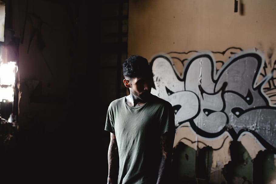 man, standing, brown, painted, wall, people, alone, fashion, shirt, tattoo