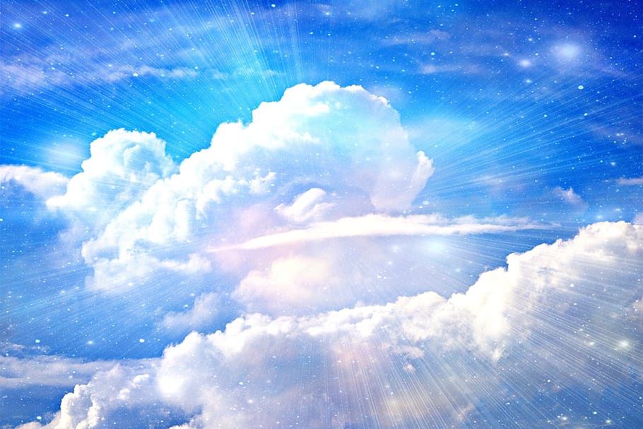 heavenly, heaven, clouds, blue, light, angel, peace, sky, religion, nature