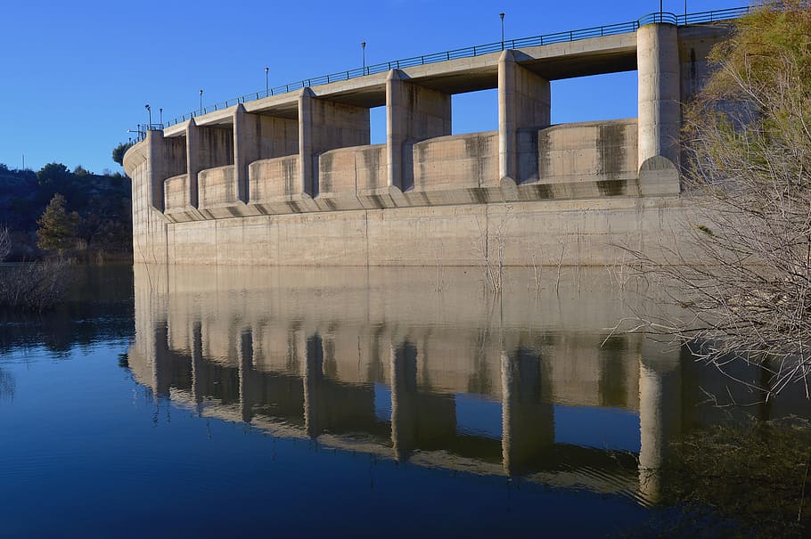 reservoir, engineering, construction, marsh, civil works, reflection, spain, architecture, water, built structure