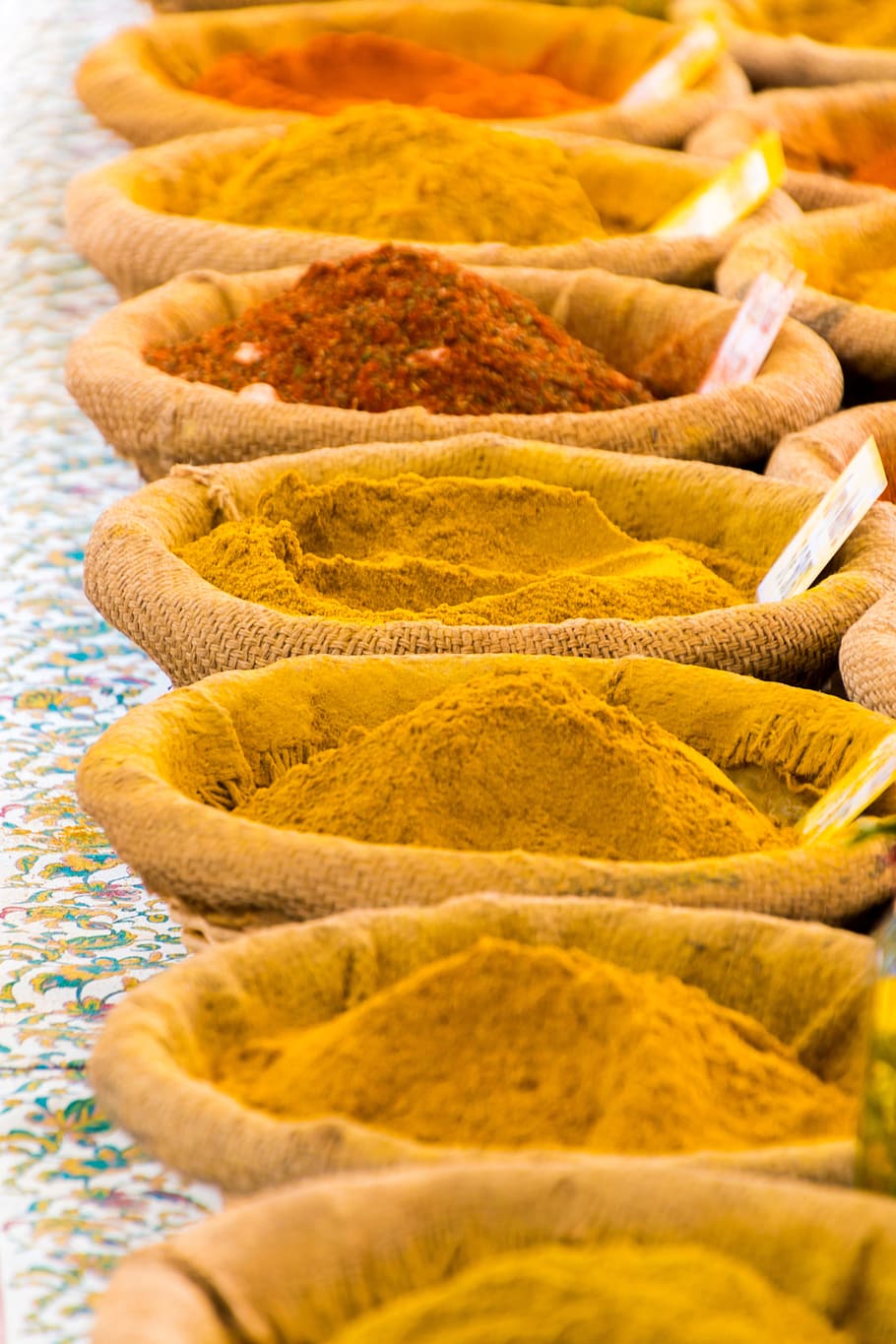 assorted, spices, brown, packs, curry, market stall, colorful, paprika, market, pepper