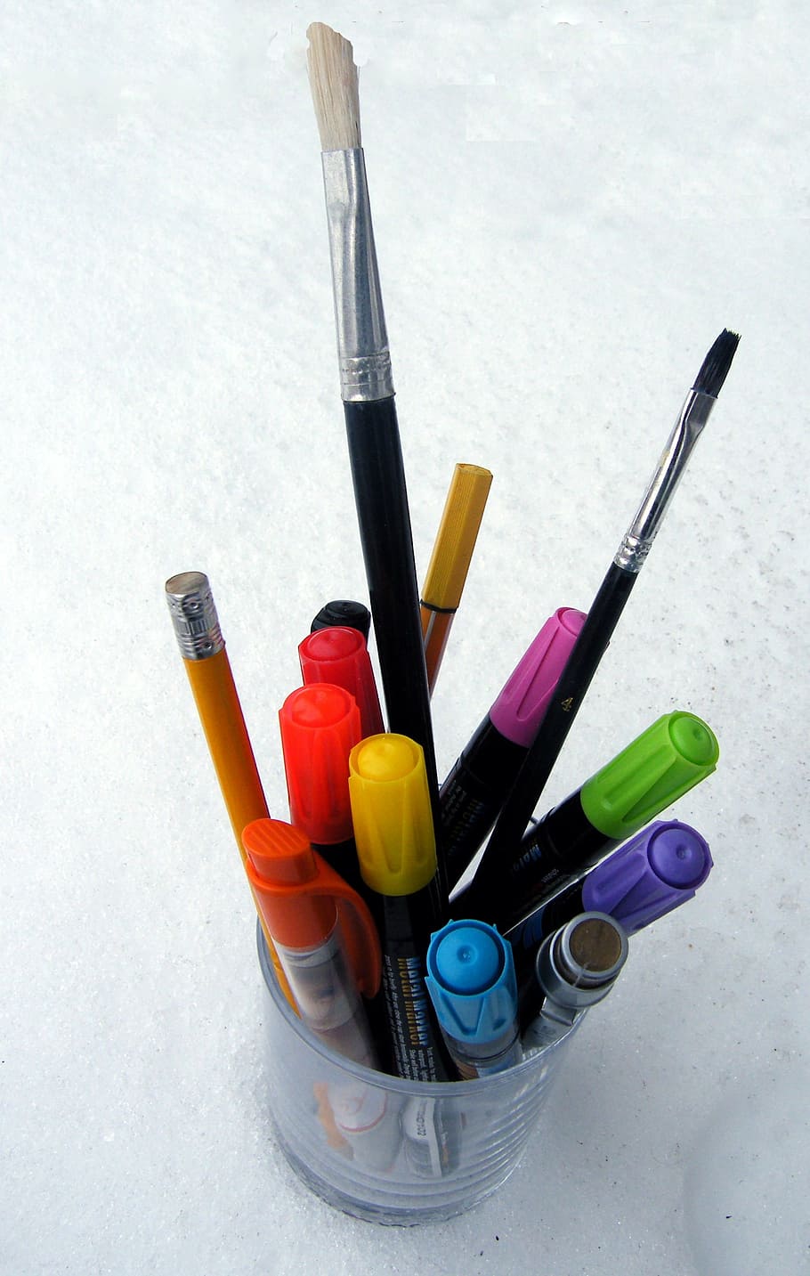 canetas, escova, cor, colorido, pincéis, lápis de cor, giz de cera, natureza morta, variação, multicolorido