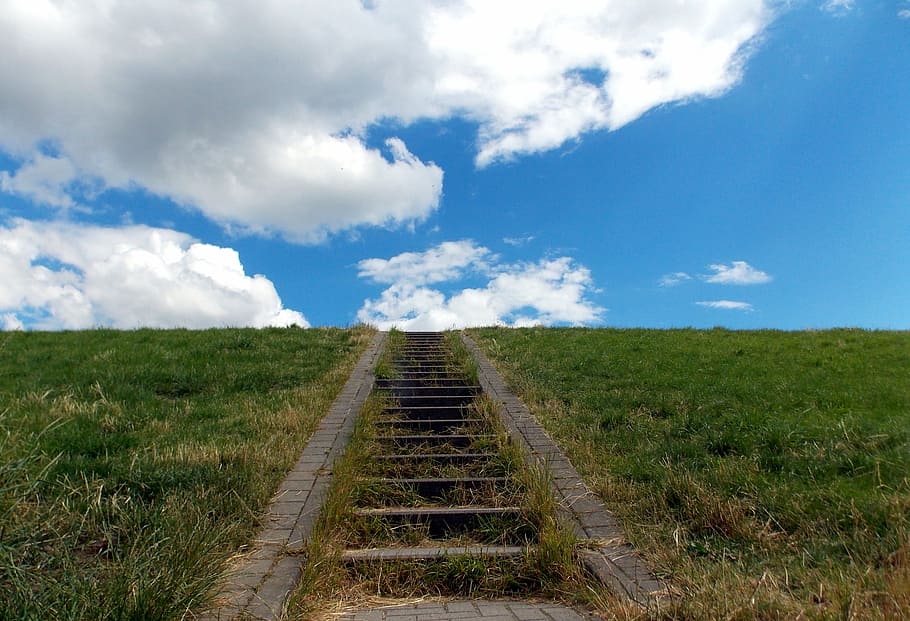 gray, concrete, stair, surrounded, grass, dike, stone stairway, stairs, sky, clouds