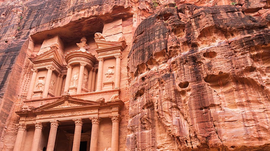 petra, jordan, monument, sand stone, treasury, architecture, archaeology, building, historically, travel