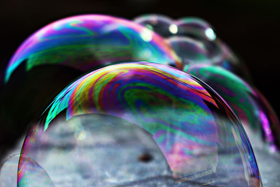 closeup, bubbles, bubble, soap bubble, colorful, rainbow, iridescent, water, mirroring, multi colored