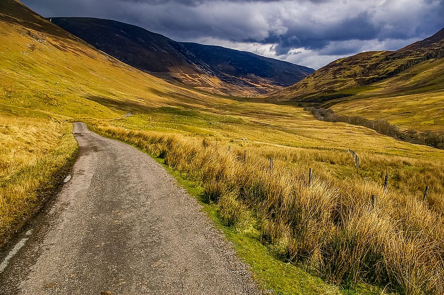 terras altas e ilhas, escócia, terras altas, paisagem, nuvens, bergstrasse, panorama, meio ambiente, estrada, montanha