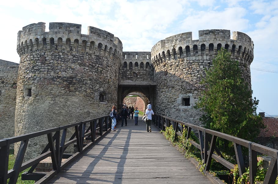 people, walking, bridge, front, castle, belgrade, kalemegdan, serbia, fortress, architecture