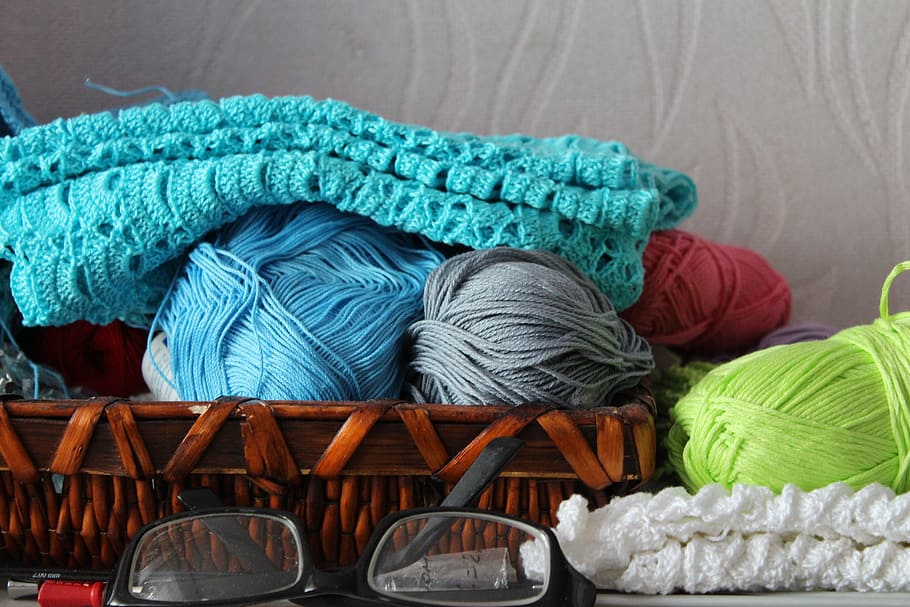 blue, green, gray, yarns, basket, black, framed, eyeglasses, needlework, yarn