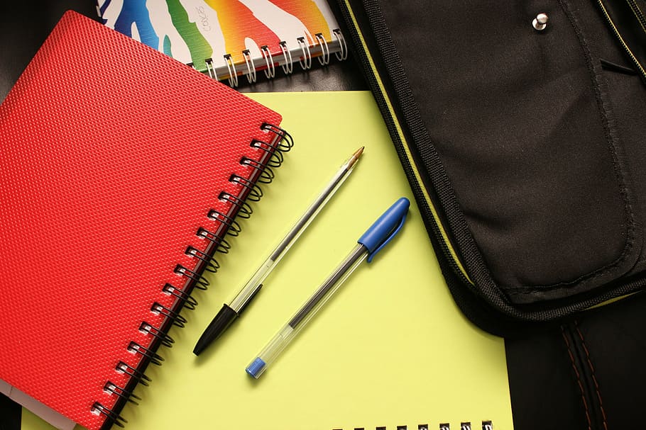 black, blue, ballpoint pens, yellow, notebook, school, binders, notepad, book, pen