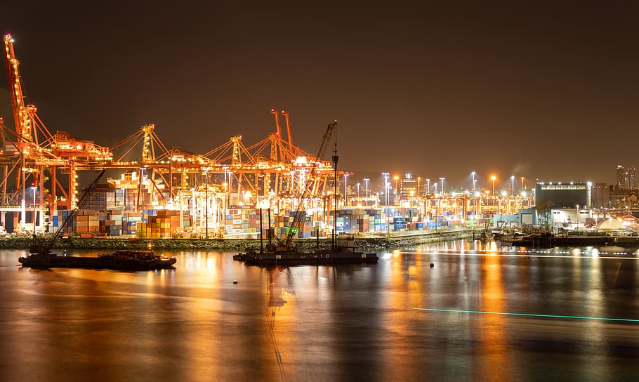 port, shipping, transportation, commerce, international, crane, cargo ships, night, harbourfront, waterfront