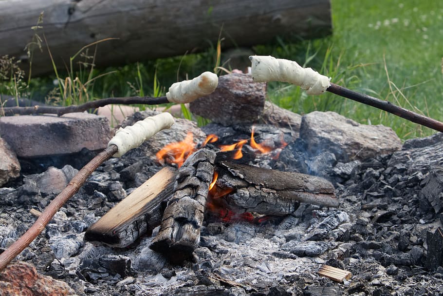 stick bread, campfire, fire, flame, sticks, summer, heat, wood fire, embers, burn
