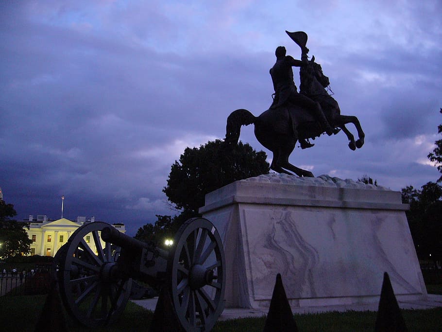 Washington, À noite, Casa Branca, estátua, canhão, história, monumento, Lugar famoso, arquitetura, céu