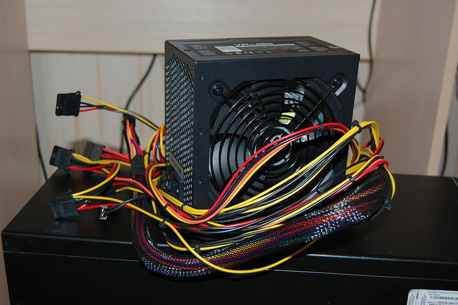 black, computer power supply, wooden, table, Computer, Power Supply, Wire, computer, power supply, accessories, cable