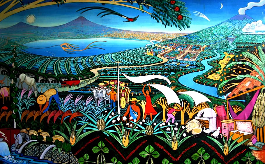 assorted-color, abstract, painting, people, field, nicaragua, murals, lake, volcanoes, multi colored