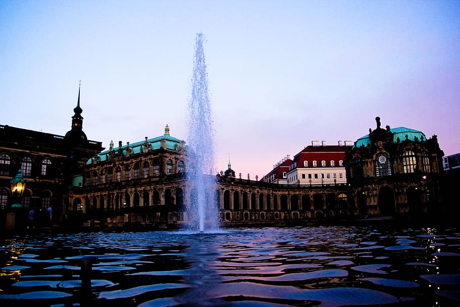 dresden, kennel pond, fountain, water, sunset, water jet, horizon, architecture, building exterior, built structure