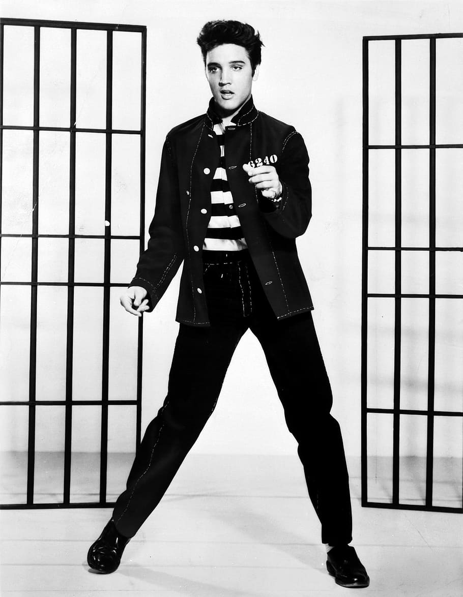 foto en escala de grises, escala de grises, foto, Elvis Presley, jailhouse rock, vintage, cantante, animador, actor, retro