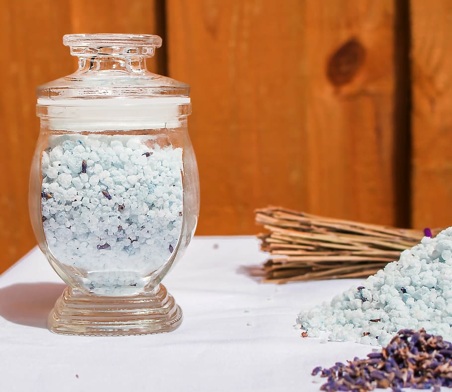 clear, glass jar, filled, teal pebbles, beauty, bath salts, lavender, wood - Material, transparent, table