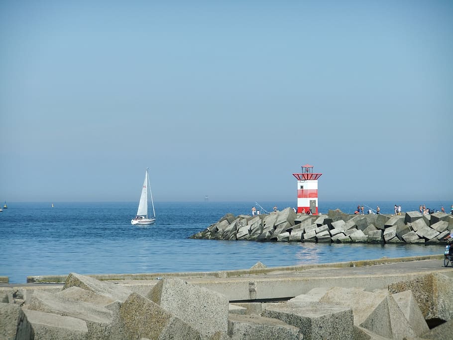 coast, lighthouse, sea, north sea, water, sailing boat, breakwater, netherlands, scheveningen, blue