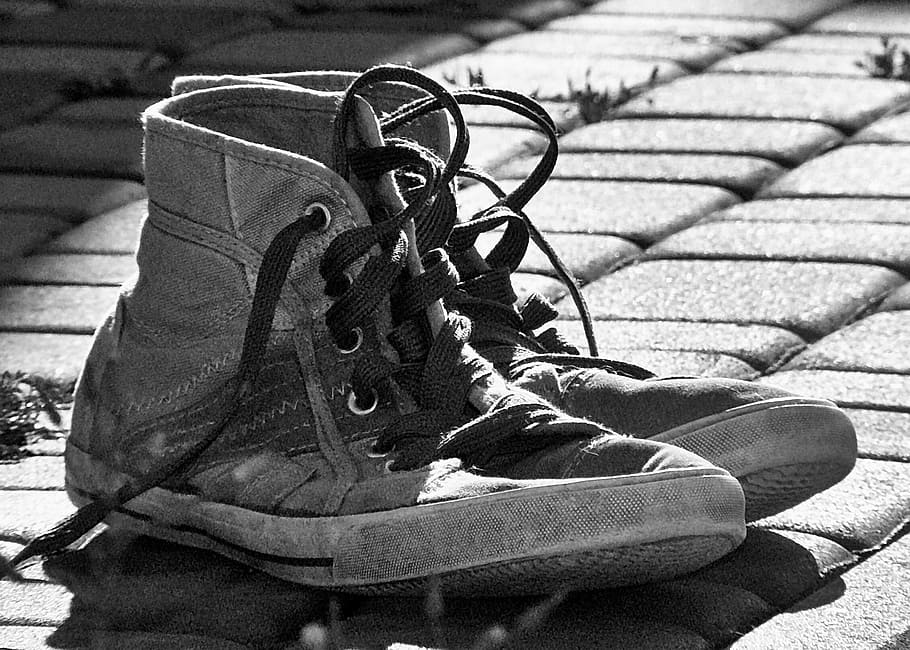 grayscale photography, high-top sneakers, shoes, old, worn out, sneakers, footwear, contrast, old age, outdoors
