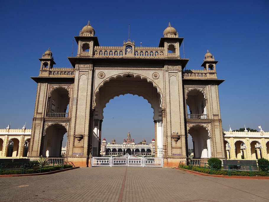 beige, concrete, gate, daytime, mysore palace, architecture, landmark, entrance, structure, historic
