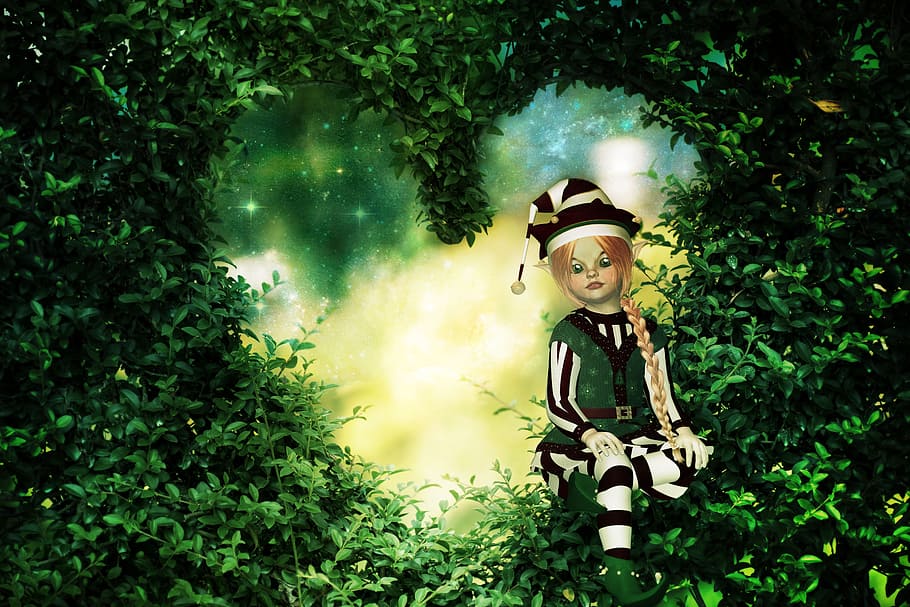 christmas elf, sitting, green, leafed, plant, fairy tale, heg, eleven, gnome, fantasy