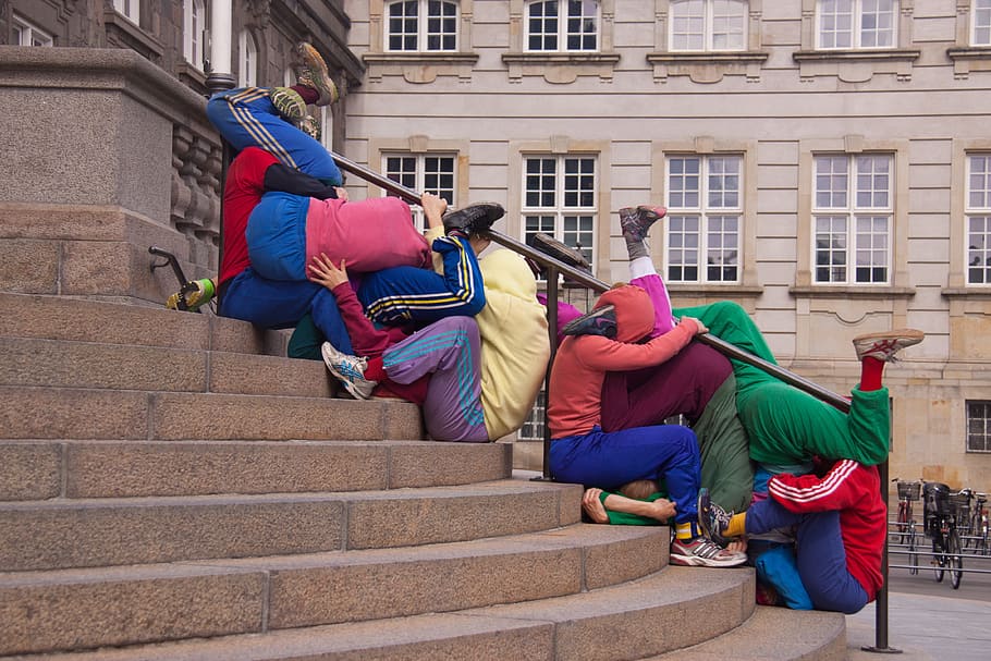 people, bunch, stairs, together, colourful, copenhagen, denmark, artists, art, performance