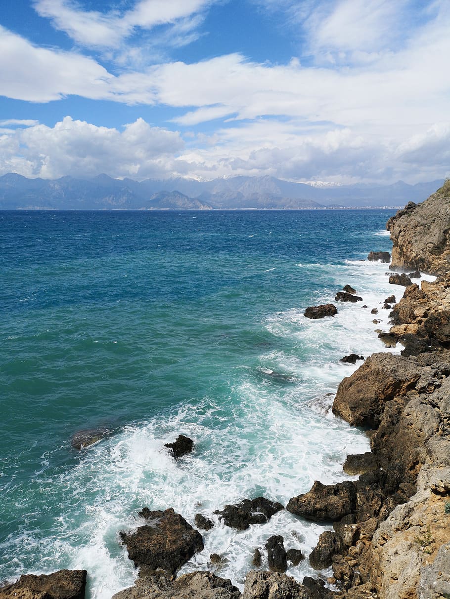 paisagem, marinho, rochas, rochoso, ondas, espuma, nuvens, onda, azul, horizonte