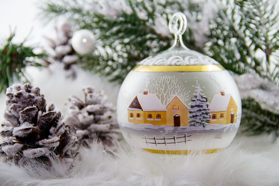 gold, white, christmas village bauble, christmas, glass ball, advent, christmas ball painted, weihnachtsbaumschmuck, winter, christmas ornaments