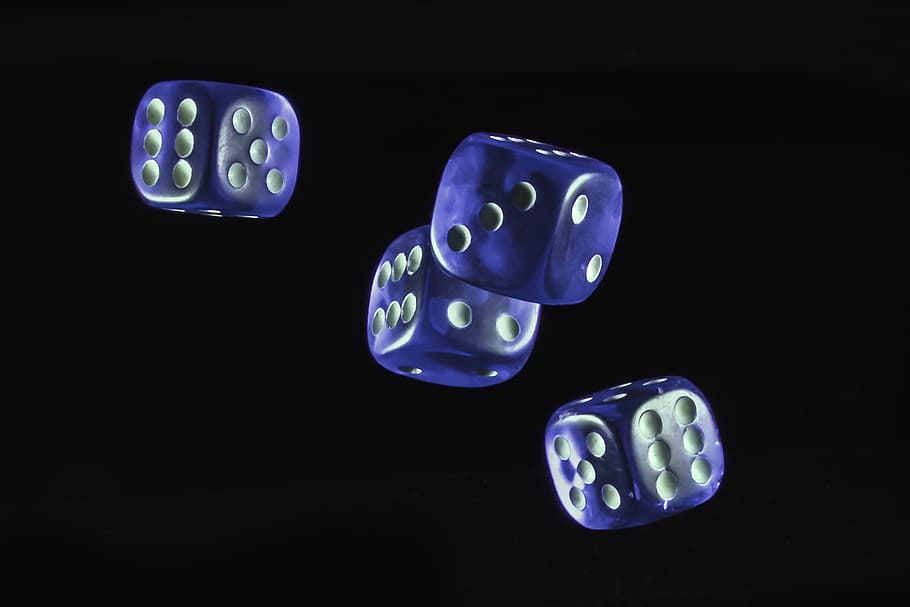 four, blue, dice, black, background, cube, gambling, play, light, glass cube