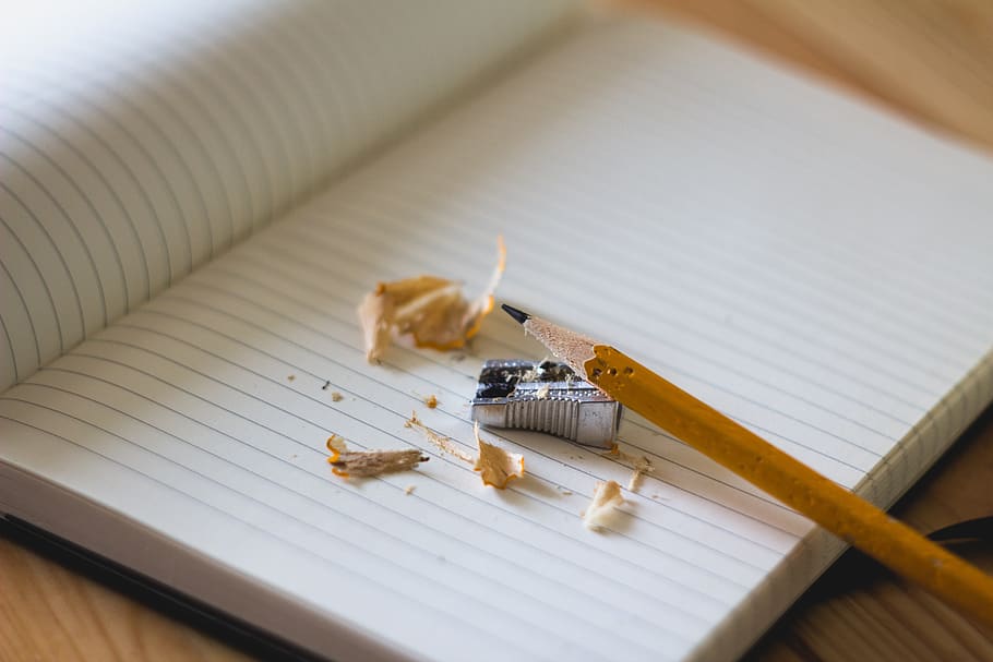 notebook, kertas, pensil, rautan, bisnis, kreatif, kantor, meja, dalam ruangan, masih hidup