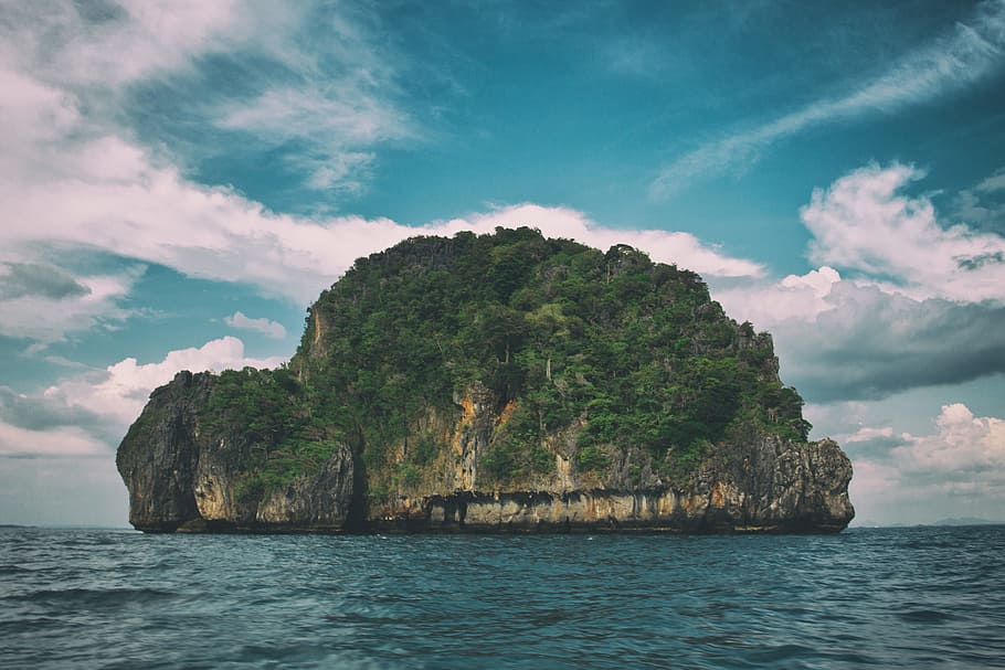 pulau, berbentuk, seperti, kura-kura, Krabi, Thailand, alam, awan, lautan, laut
