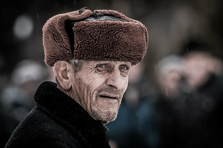 men's brown cap, expression, old, emotions, experience, life, pain, burden, adults only, headshot