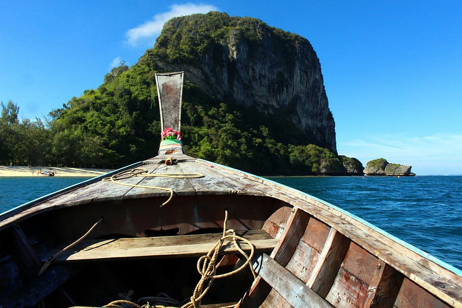 coklat, perahu kano, lautan, longtail boat, thailand, pulau poda, kapal bahari, air, transportasi, langit