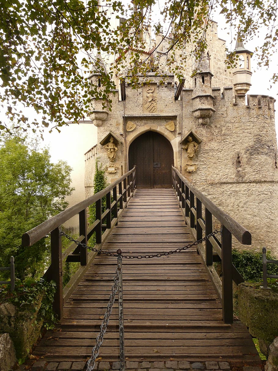 brown wooden bridge, lichtenstein, bridge, drawbridge, castle, knight's castle, architecture, tree, outdoors, built structure
