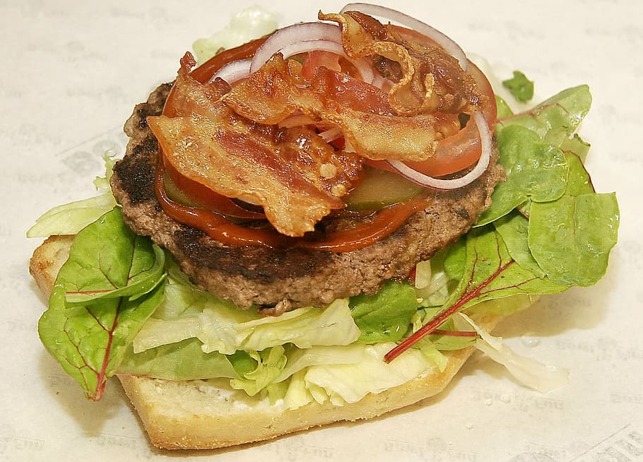 burger, bacon, tomato ketchup, under the bun, provisioning, dining, onion, taste, food, salad