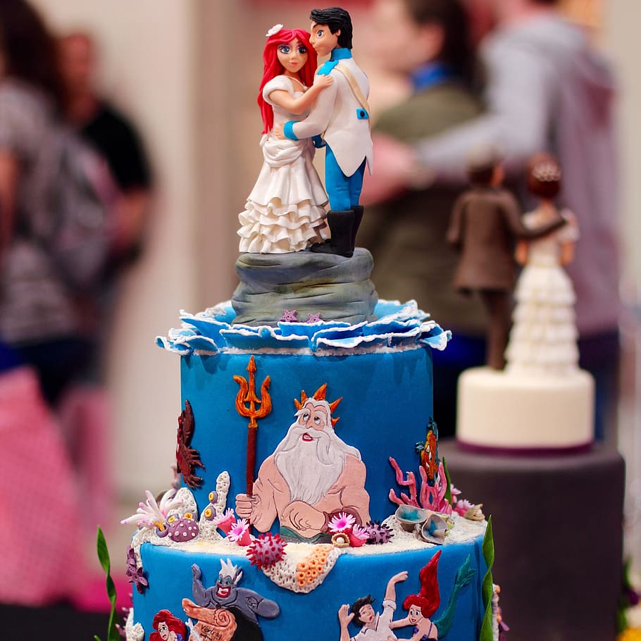Disney, pequeño, pastel temático de sirena, pastel, arielle, sirena, decorativo, arte, decorado, modelo
